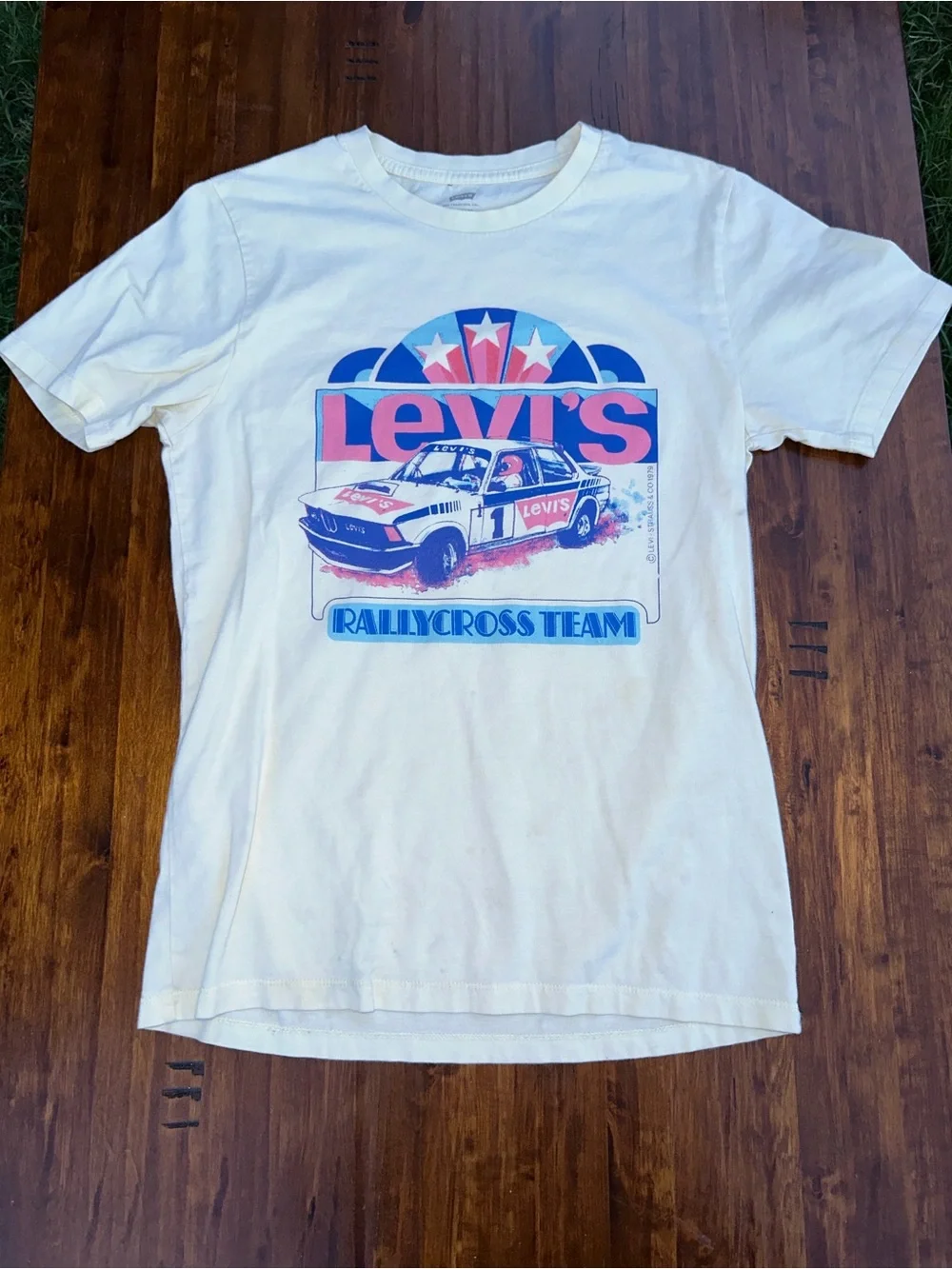 Levi's White Tee with Pink & Blue Rally Car Graphic